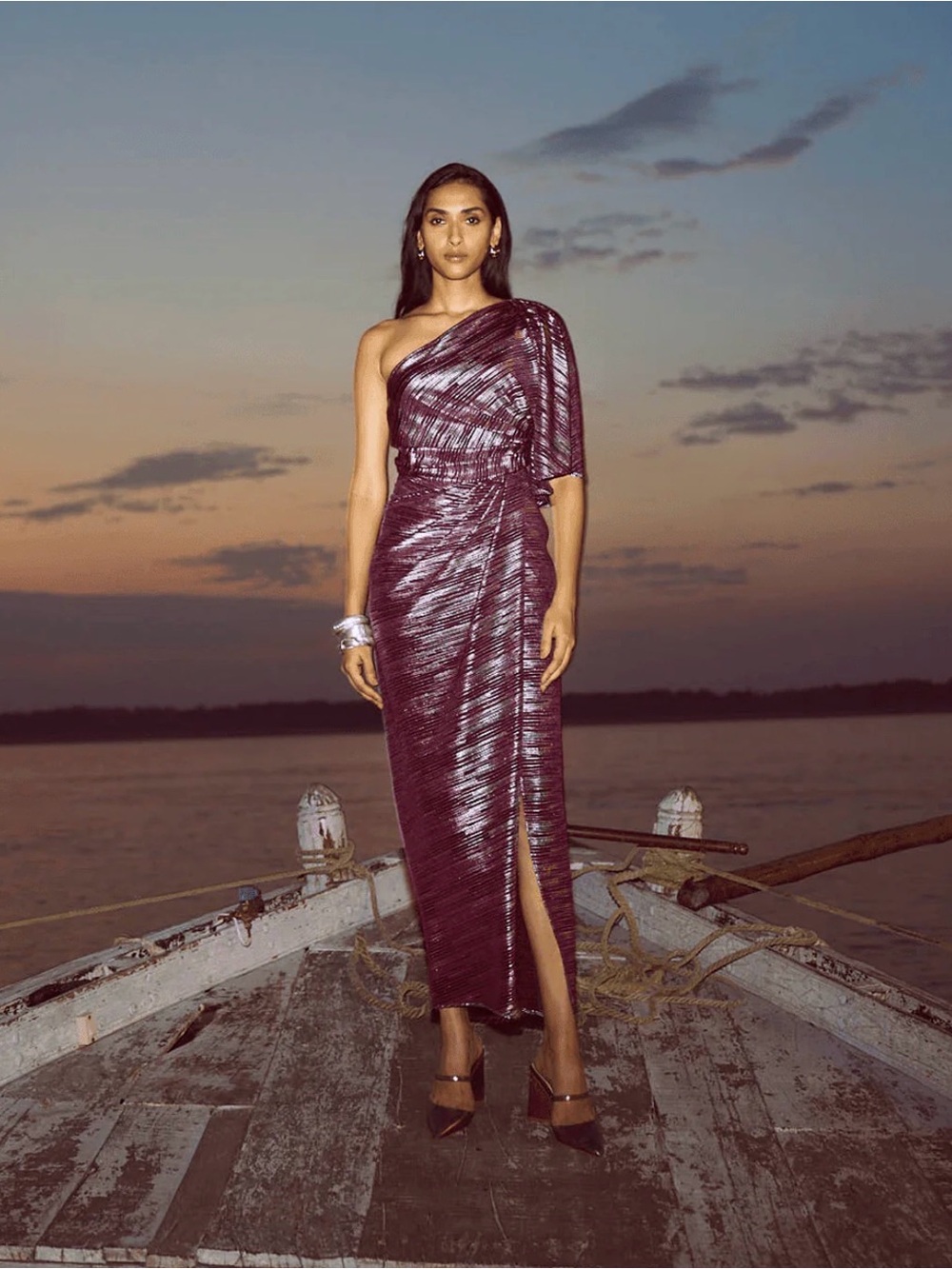 One-Shoulder Metallic Purple Evening Dress
